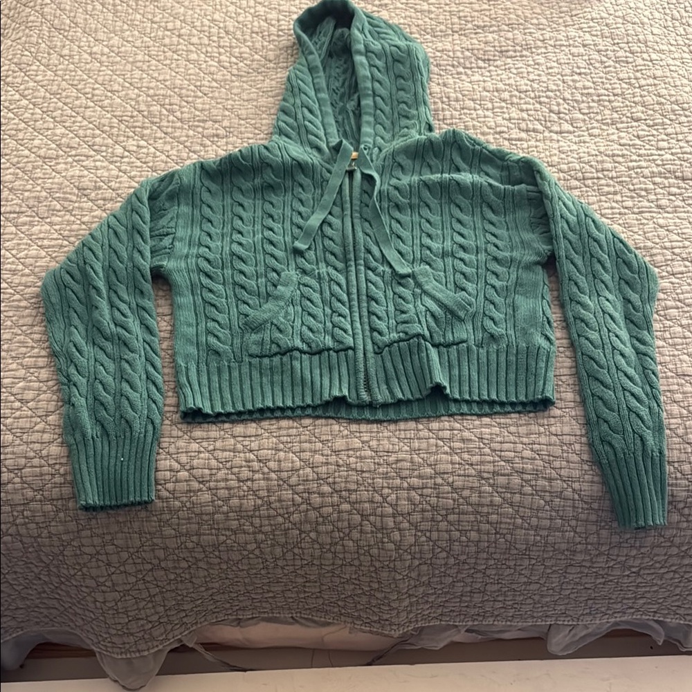 American Eagle Outfitters Green Cable Knit Cardigan with Hood